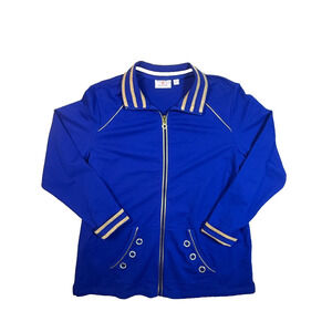 Quacker Factory Royal Blue Gold Nautical Zip Up Knit Jacket 1X Bling Stripes